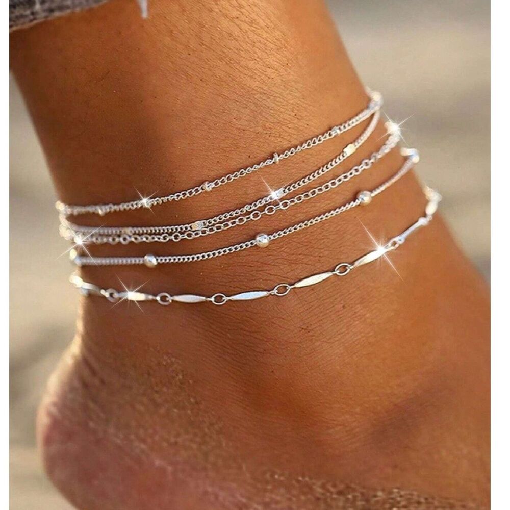 5 pc Silver Stackable Anklet / Bracelet Chain Set Layer Adjustable Summer Beach